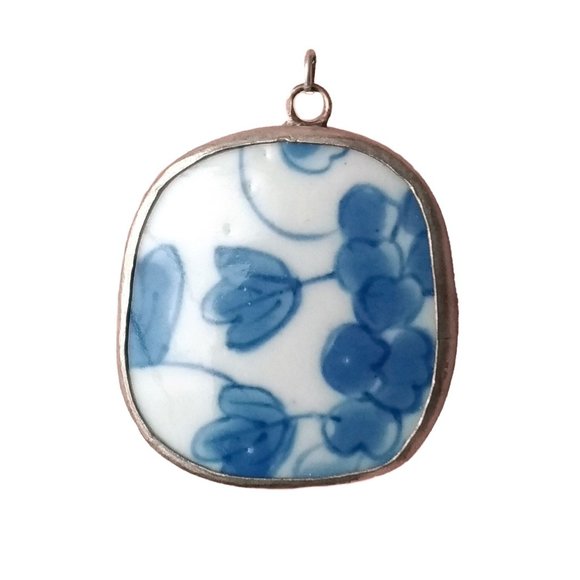 Jewelry - Ming Dynasty Pottery Chard Pendant - Floral Flowers White Blue Ceramic